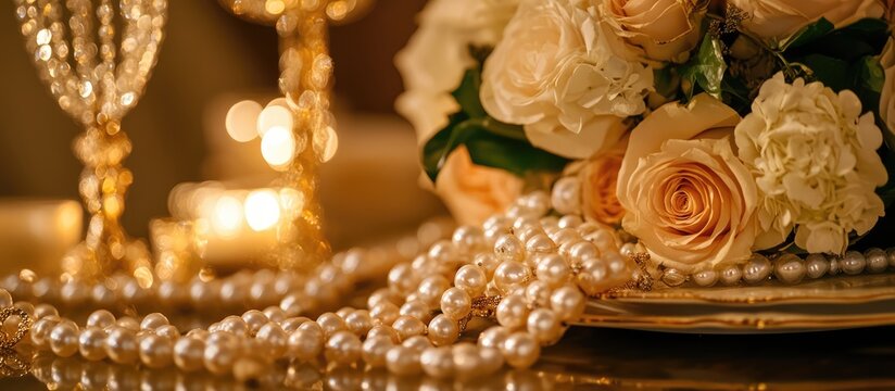 Elegant wedding table setting featuring pearl jewelry and a beautiful floral arrangement with soft candlelight ambiance.
