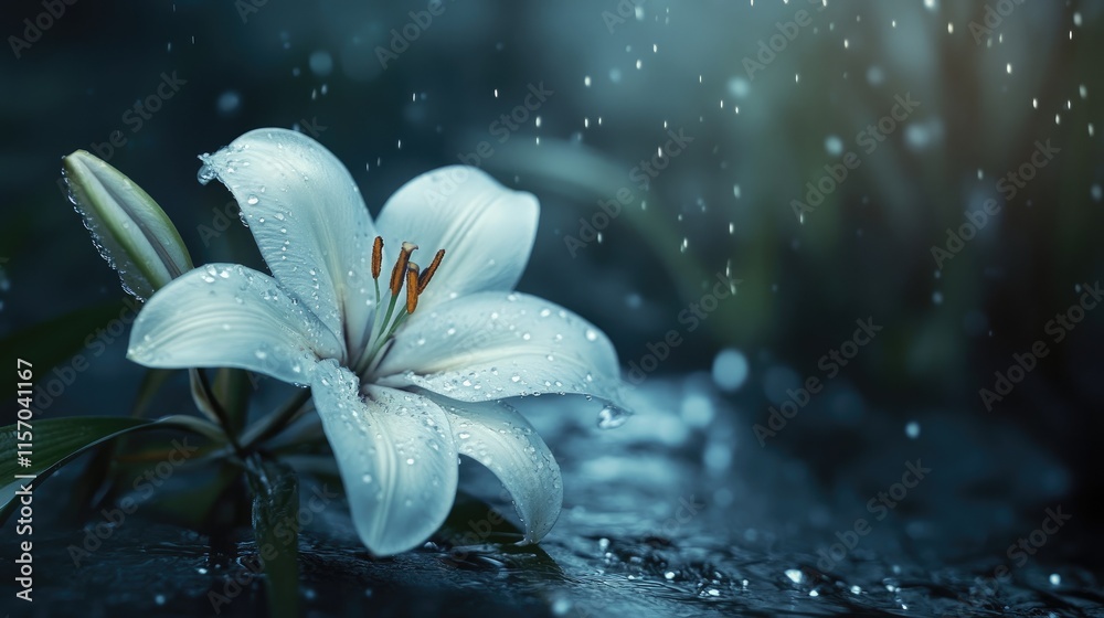 Poster White lily blossom with raindrops in serene garden setting creating a tranquil and refreshing atmosphere