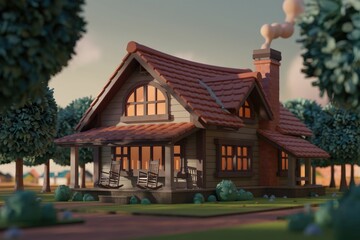 Obraz premium A charming low-poly house sits peacefully in a tree-lined neighborhood at sunset.