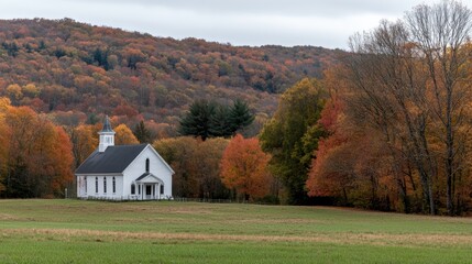 A quaint white and gray church with a black roof sits in a green field, surrounded by trees displaying autumn colors under a cloudy sky