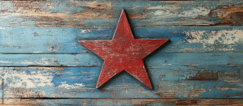 Poster Patriotic red star on aged wooden background with open text area for customizable messages and promotions in a rustic setting