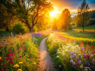 Fototapeta premium Serene Spring Countryside Walk: Sunlit Path with Vibrant Flowers - Long Exposure Photography