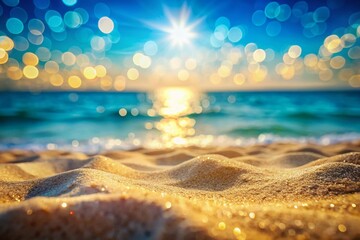 Obraz premium Serene Summer Beach at Dusk, Twinkling Bokeh Lights, Calm Ocean, Blue Sky
