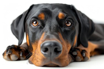Obraz premium Close-up of a Doberman resting with expressive eyes and sleek black fur.