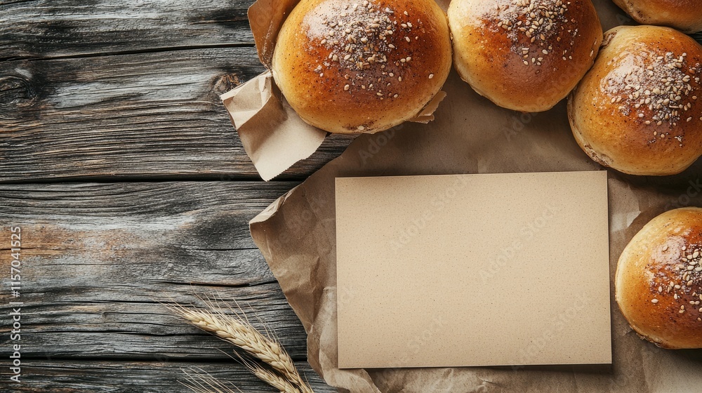 Poster wheat buns rolls with cinnamon on wooden background with blank card for breakfast or luncheon presen
