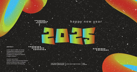 Happy new year 2025 sound wave music poster. Club party flyer. Futuristic gradients waves music background neon colors. 90s style	