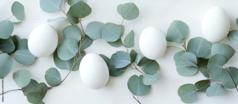 Poster elegant white easter eggs arranged with fresh eucalyptus leaves on a minimalist background for a sop