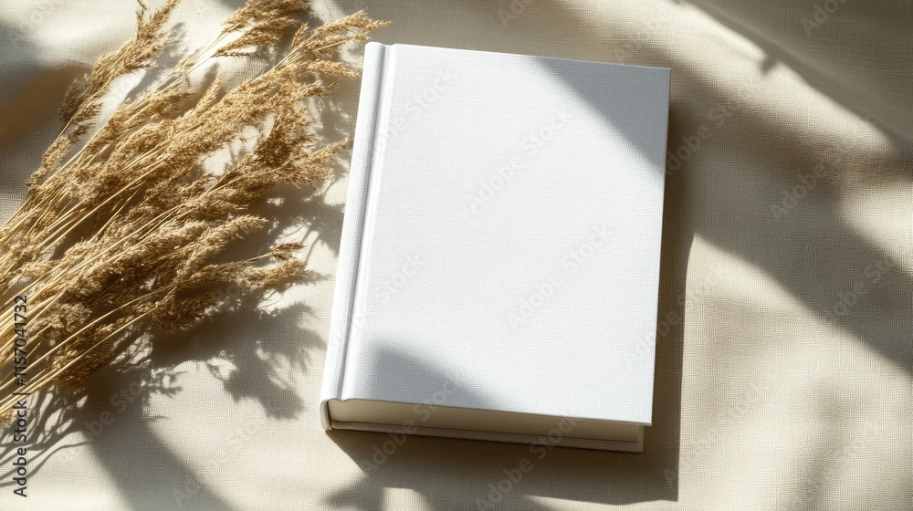 Poster minimalist white book mockup with decorative reed pampas grass on a soft beige background for creati