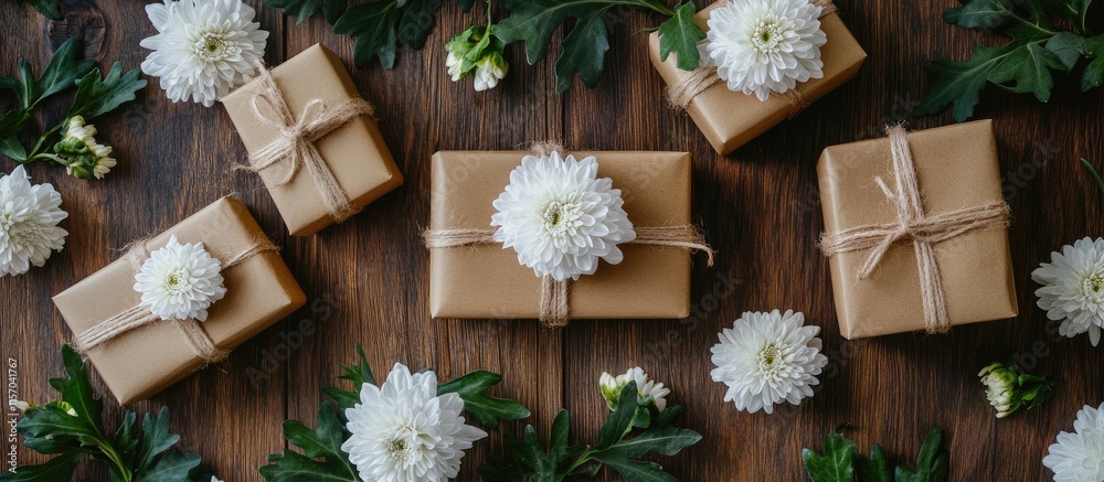 Poster white chrysanthemums and gift boxes elegantly arranged on a rustic wooden table creating a warm and 