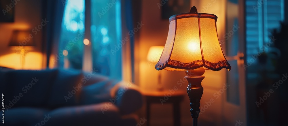 Poster cozy ambiance of a vintage lamp casting a warm glow in a softly blurred room setting with inviting f