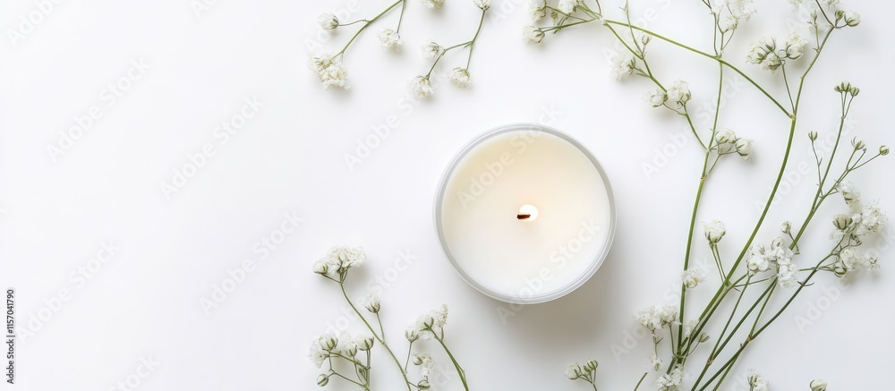 Aufkleber Minimalistic white candle and delicate flowers on a clean backdrop creating a serene and calming ambiance suitable for relaxation and decor.