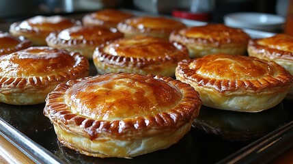 Golden-brown mini pies on a baking tray, freshly baked and ready to serve.