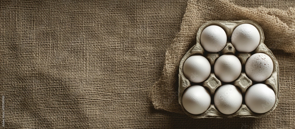 Poster White chicken eggs in a ceramic carton on a textured burlap background with space for text above and surrounding the eggs in a rustic setting