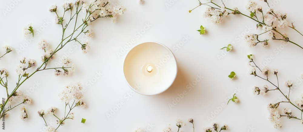 Poster minimalist white candle surrounded by delicate small flowers on a soft white background promoting ca