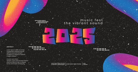 Happy new year 2025 sound wave music poster. Club party flyer. Futuristic gradients waves music background neon colors. 90s style	
