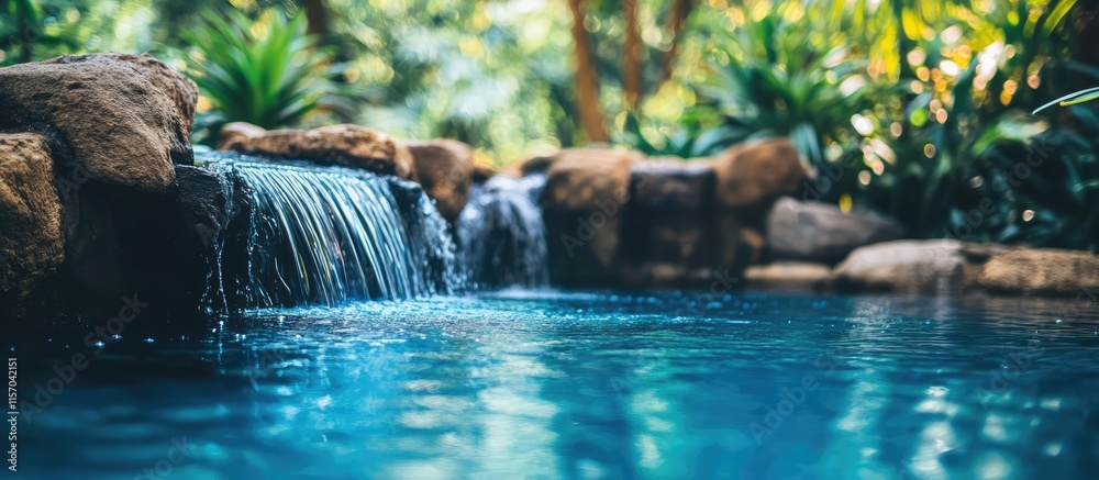 Poster tranquil water stream cascading into a serene blue pool surrounded by lush greenery ideal for relaxa