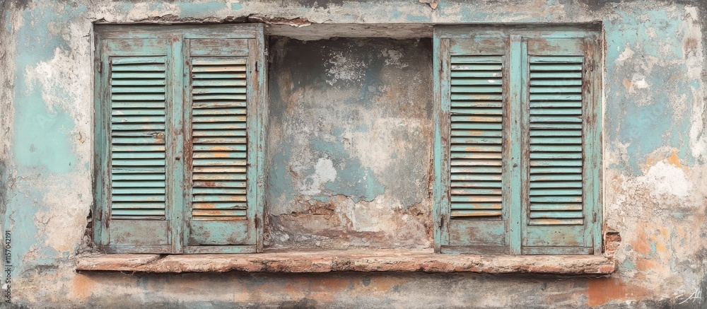 Poster weathered wooden shutters on rustic building facade highlighting timeless charm and intricate archit