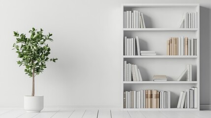 Modern minimalist white bookshelf filled with books and a potted plant in a bright interior space against a clean wall