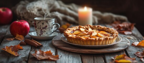 Cozy still life with warm apple pie and cinnamon tea on rustic table surrounded by autumn leaves and apples creating an inviting atmosphere