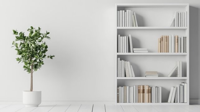 Fototapeta Modern minimalist white bookshelf filled with books and a potted plant in a bright interior space against a clean wall