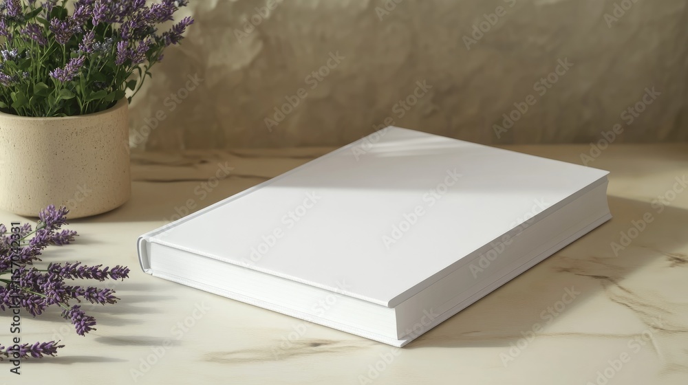 Poster white book mockup beside lavender bouquet on beige table showcasing minimalistic design and elegant 
