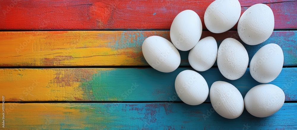 Poster white painted wooden eggs arranged artistically on a colorful wooden table creating a cheerful and v