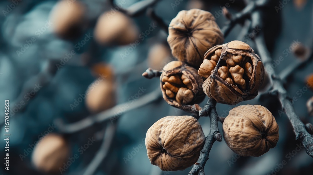 Poster Walnuts on tree branches with selective focus creating appealing background and ample copy space for text or branding purposes