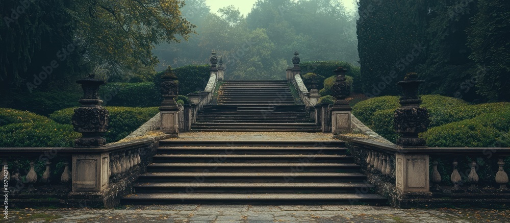 Poster Scenic pathway leading through historic monuments in an atmospheric garden setting with lush greenery and elegant stone steps