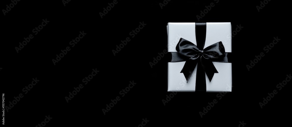 Poster elegant white gift box with a black bow on a black background offering blank space for personalized 