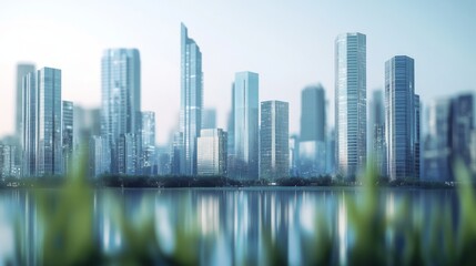 Fototapeta premium Modern skyline with blurred foreground greenery.