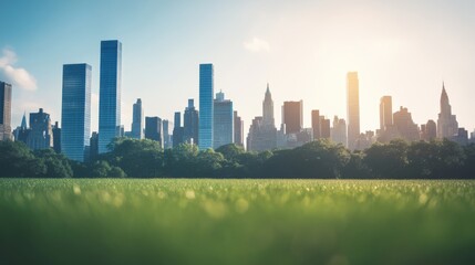 Obraz premium Modern skyline with green foreground at sunrise.