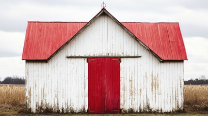 Naklejka premium Vintage red and white barn with distinct rooftop and door against a cloudy sky in rural landscape setting