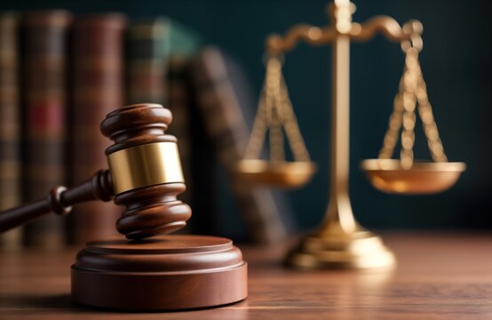 Wooden gavel rests on dark hardwood surface. Golden scales of justice in background. Ceremonial objects symbolize legal procedure, authority. Meeting hearing implied. Image evokes concepts of justice