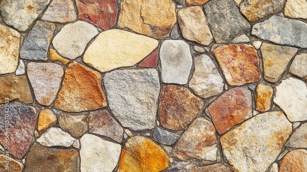 Poster Colorful rustic stone wall texture featuring diverse shapes and patterns enhancing architectural aesthetics and outdoor design projects.