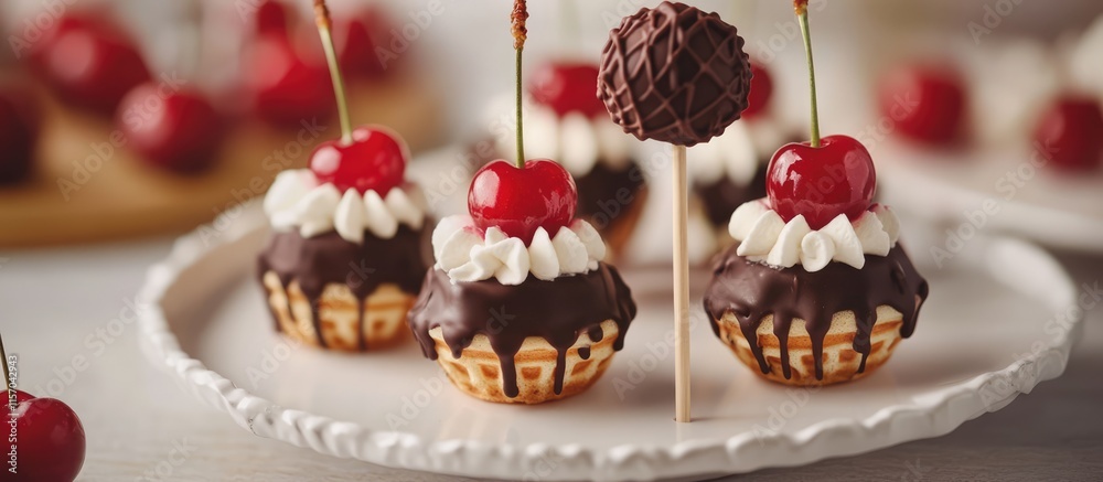 Poster mini waffles topped with strawberries cherries whipped cream and chocolate truffle on a stick arrang