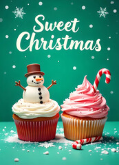Sweet Christmas poster with two Christmas cupcakes with snowman and candy cane