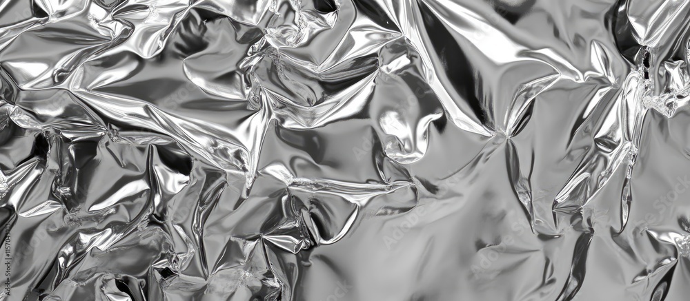 Poster Silver foil texture with reflective surfaces creating an abstract metallic background for design and artistic applications.