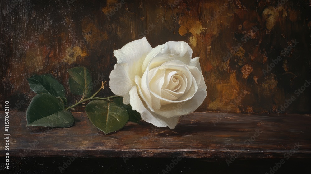 Poster elegant white rose placed on a rustic wooden table with a dark background highlighting its delicate 