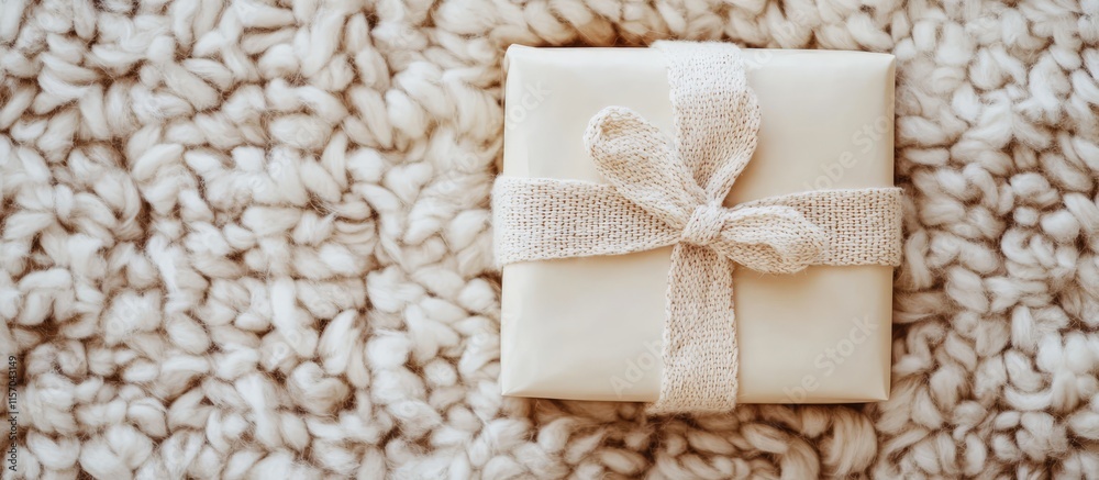 Poster Gift box with ribbon on textured wool background viewed from above creating a cozy and festive atmosphere for holiday celebrations