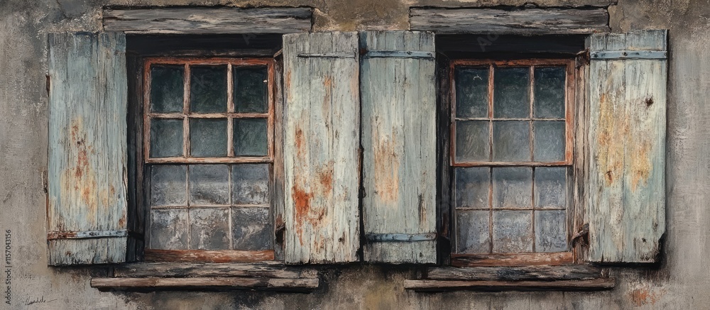 Aufkleber weathered shutters on a rustic building facade highlighting timeworn charm and intricate architectur