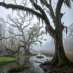 Fototapeta premium Misty swamp landscape with ancient live oak trees