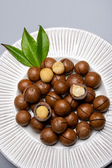 Australian Queensland macadamia nuts, or bush, maroochi, bauple nut, with sawn nutshell, fresh harvest