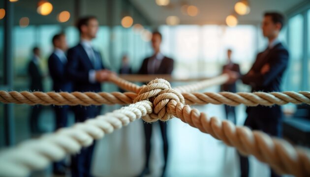 Businesspeople pull on ropes tied together in office. Teamwork, partnership concept. Diverse team work together. Syngergy, cohesion in business. Successful collaboration shown in corporate