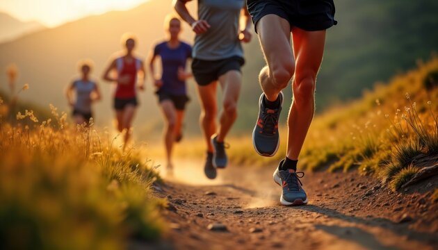 Group of runners jogs on mountain trail. Runners wear sports clothing, shoes. Group sport activity outdoors. Healthy lifestyle choice. Nature background. Active people. Fitness, wellness. Scenic