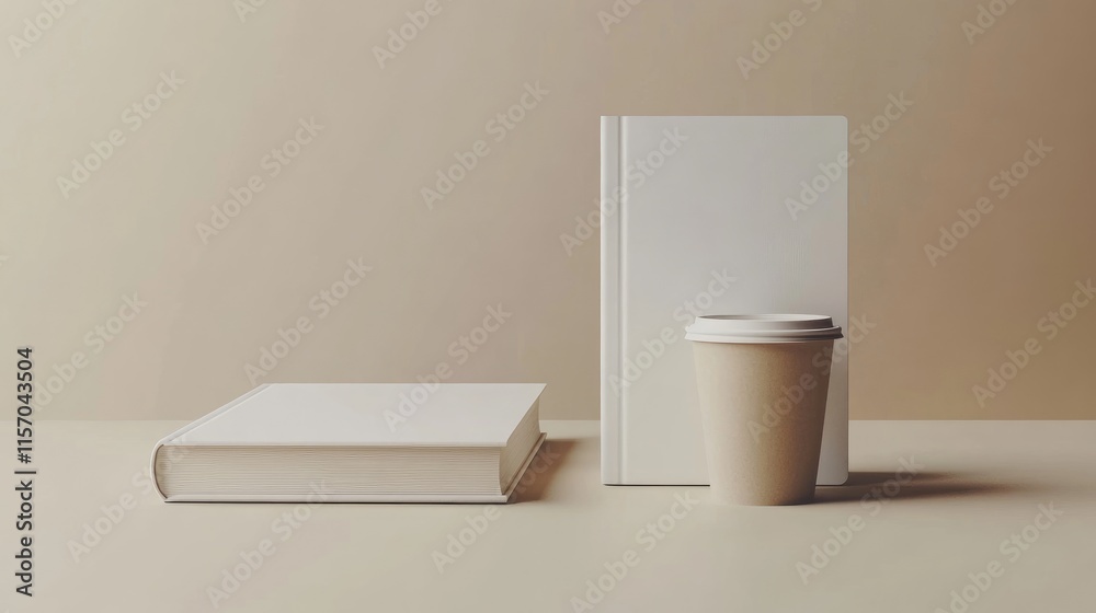 Poster minimalist white book mockup with a coffee cup on a beige surface creating a clean and elegant aesth