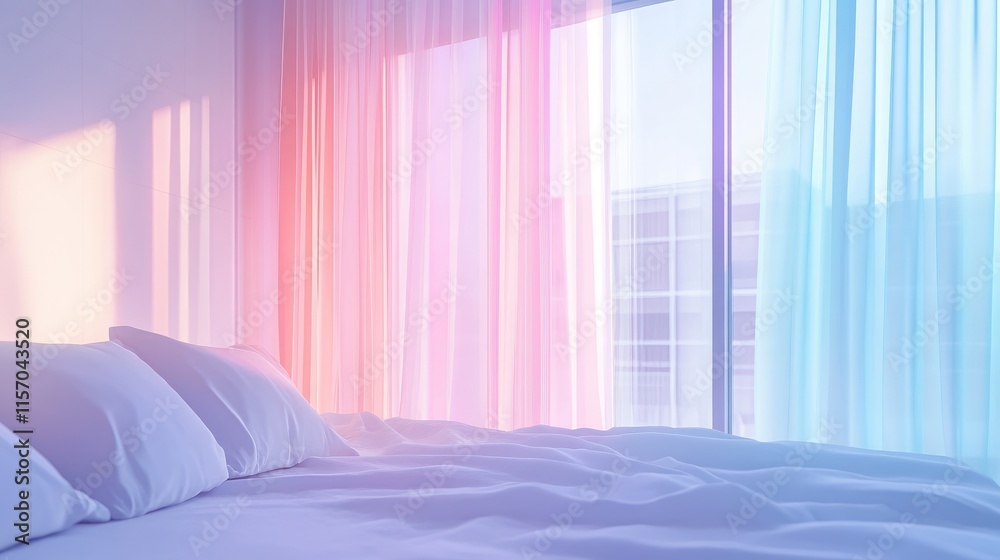 Poster Serene bedroom with soft light curtains and window creating a calming interior design atmosphere in pastel hues