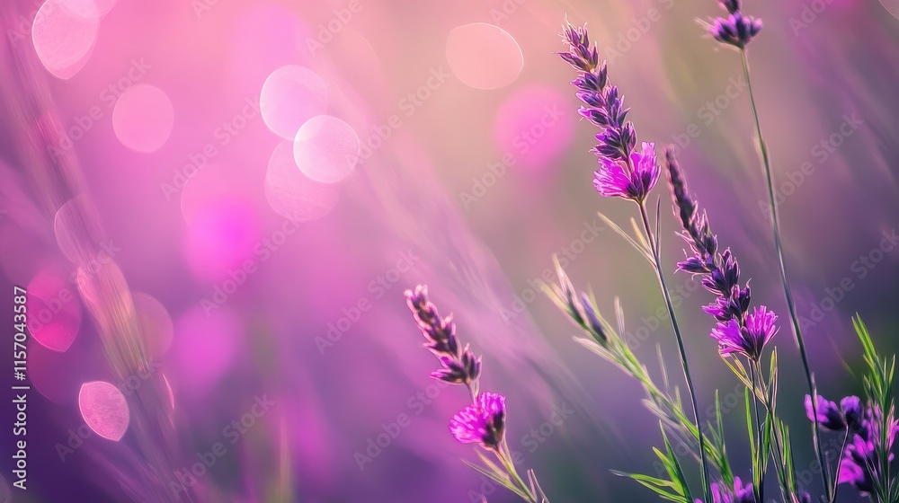 Poster vibrant violet bokeh background featuring delicate lavender flowers with soft blurred nature ambianc