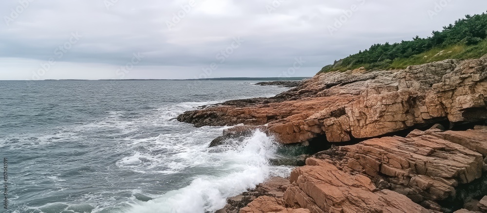 Poster waves crashing on rocky coastline under a cloudy sky creating a serene coastal landscape with lush g