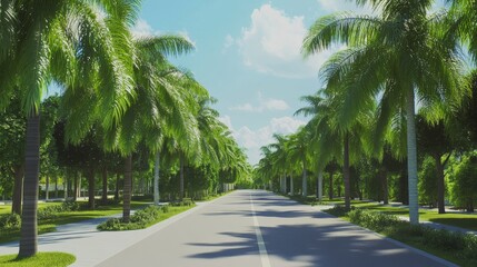 Fototapeta premium Palm tree lined road under a clear blue sky.