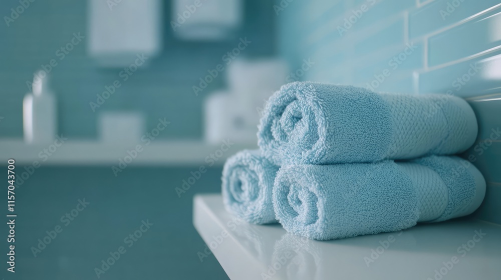 Poster rolled light blue towels neatly arranged on a white shelf in a serene bathroom setting with soothing